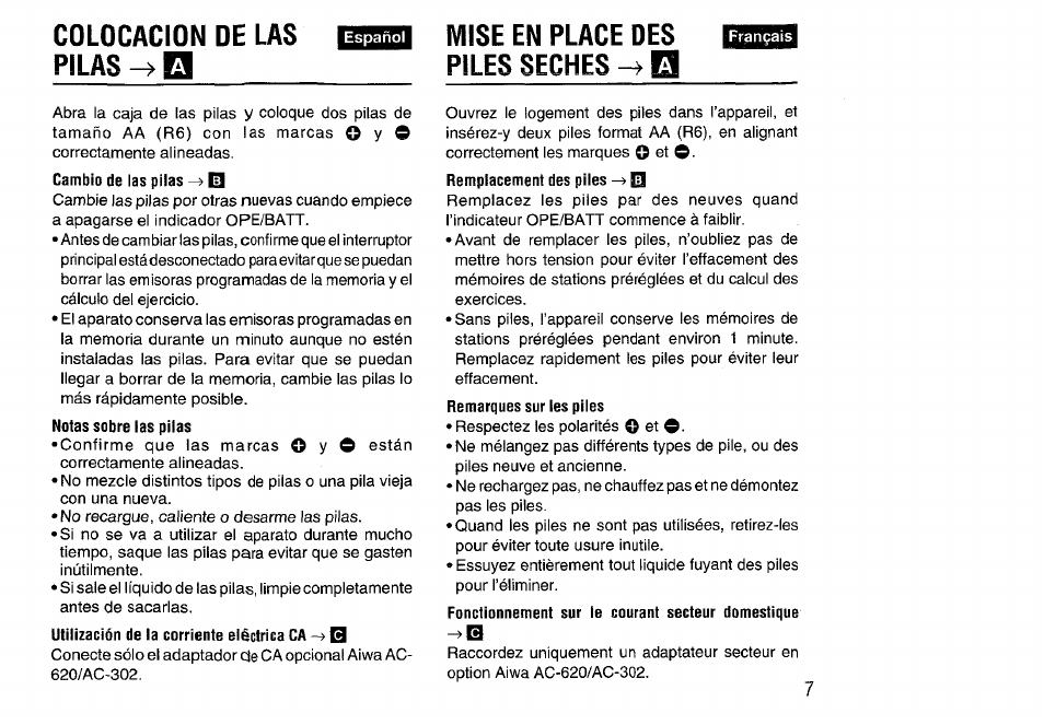 Colocacion de las pilas —> q, Colocacion de las pilas, Mise en place des piles seches | Aiwa HS-SP570 User Manual | Page 7 / 40