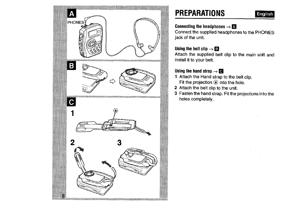 Connecting the headphones, Using the belt clip q, Using the hand strap b | Preparations | Aiwa HS-SP570 User Manual | Page 8 / 40