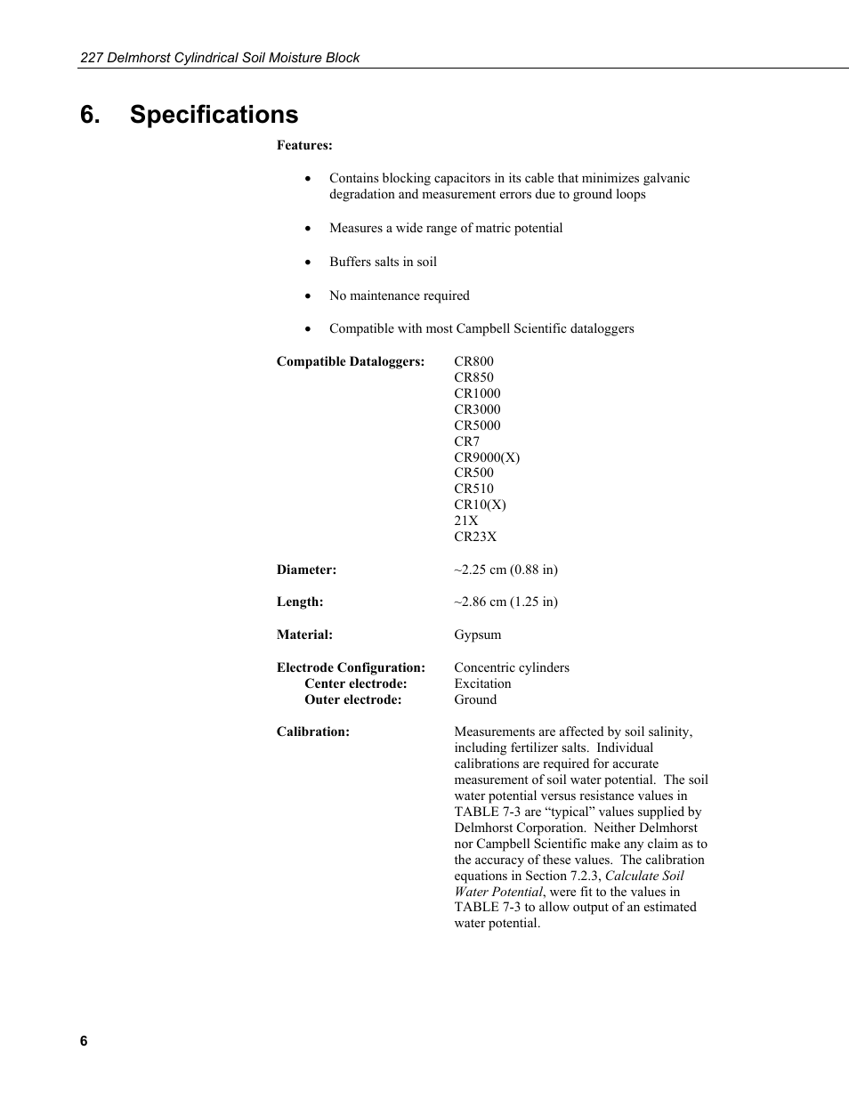 Specifications | Campbell Scientific 227-L Delmhorst Cylindrical Soil Moisture Block User Manual | Page 12 / 24