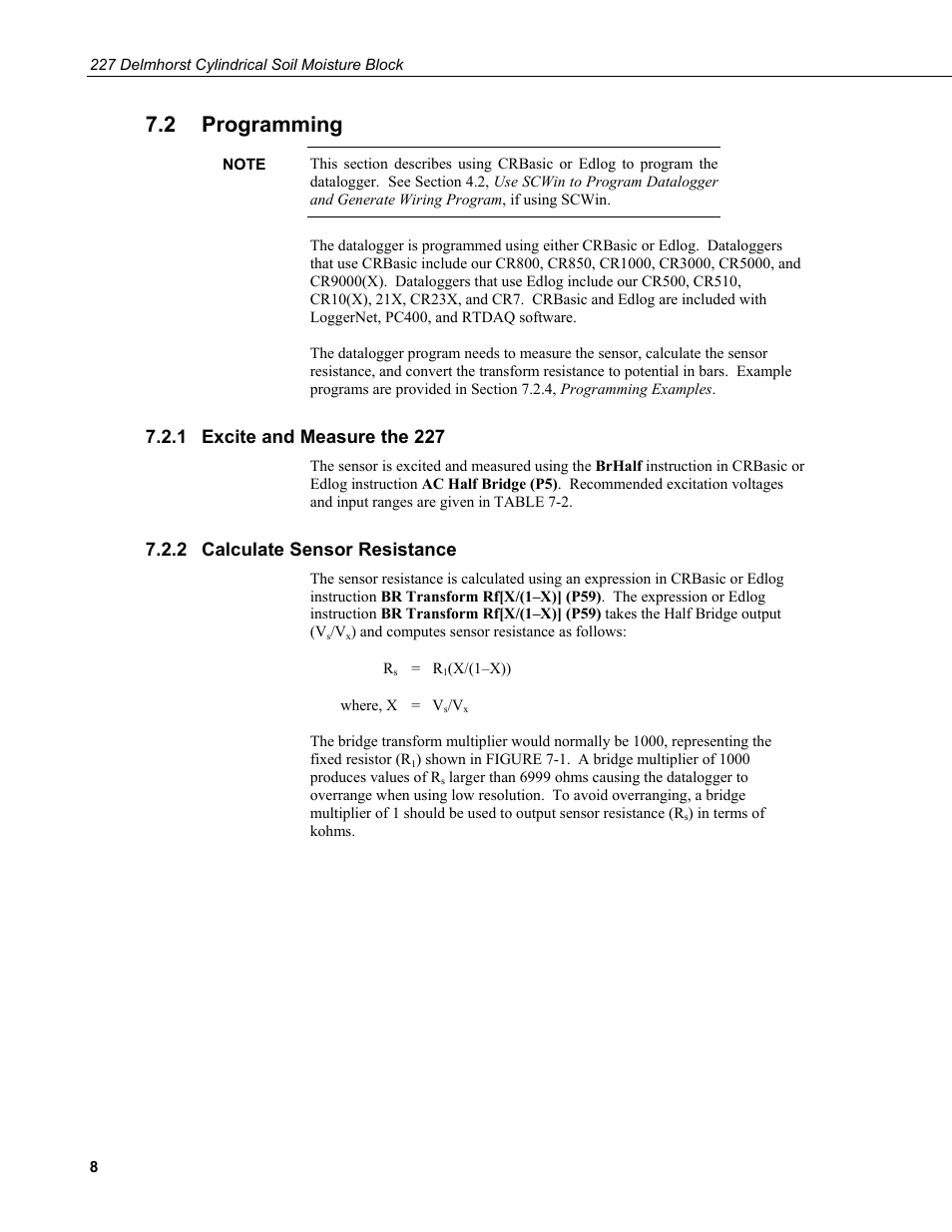 2 programming, 1 excite and measure the 227, 2 calculate sensor resistance | Programming, Excite and measure the 227, Calculate sensor resistance | Campbell Scientific 227-L Delmhorst Cylindrical Soil Moisture Block User Manual | Page 14 / 24