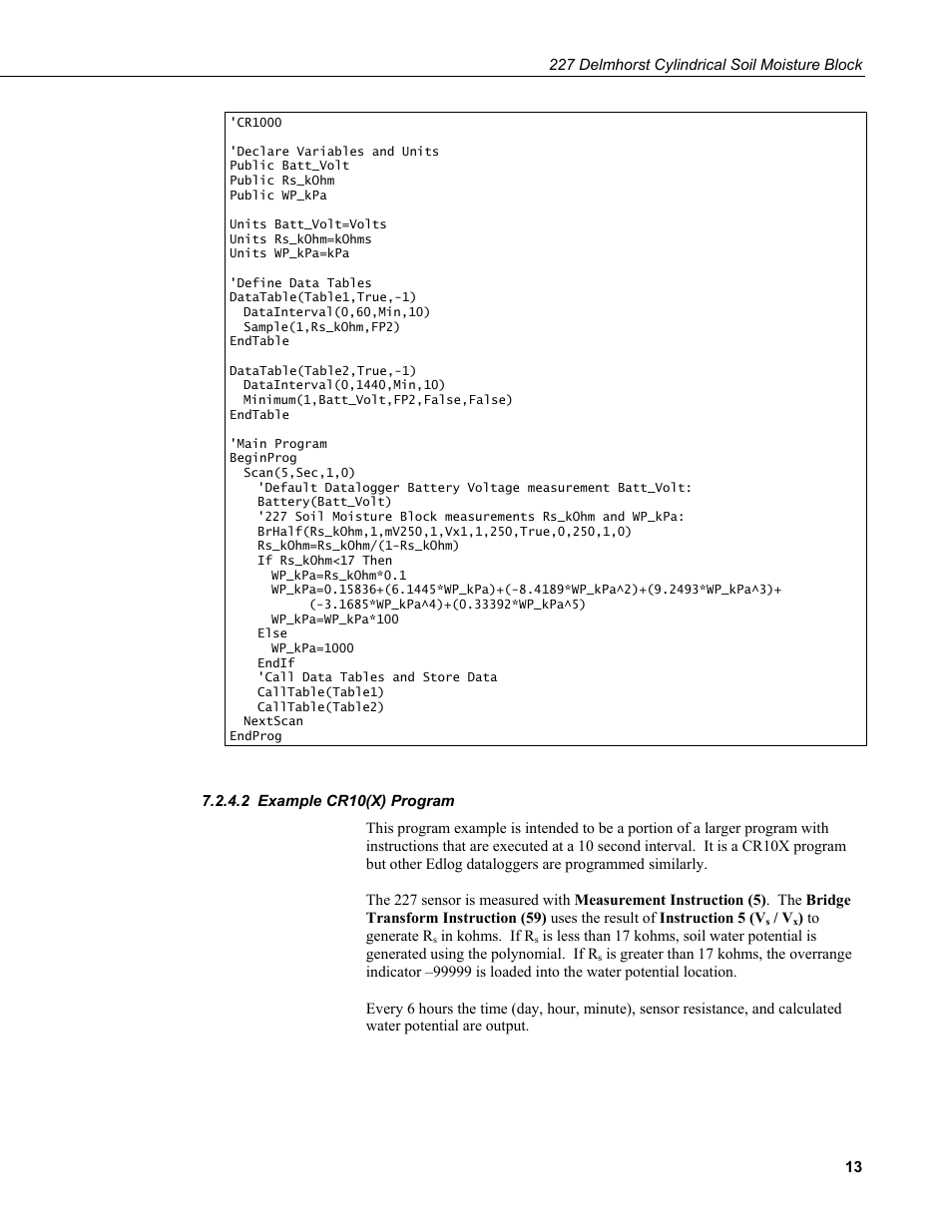 2 example cr10(x) program, Example cr10(x) program | Campbell Scientific 227-L Delmhorst Cylindrical Soil Moisture Block User Manual | Page 19 / 24
