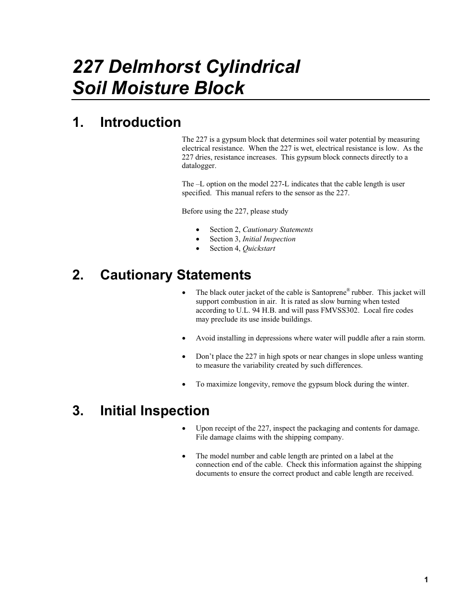 Introduction, Cautionary statements, Initial inspection | 227 delmhorst cylindrical soil moisture block | Campbell Scientific 227-L Delmhorst Cylindrical Soil Moisture Block User Manual | Page 7 / 24