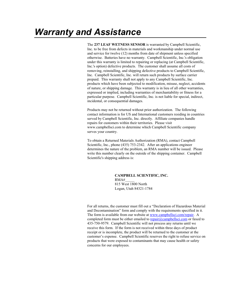 Warranty and assistance | Campbell Scientific 237-L Leaf Wetness Sensor User Manual | Page 2 / 14