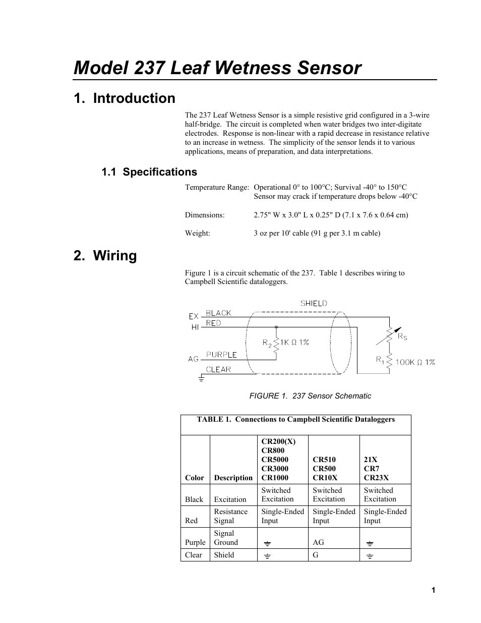 Model 237 leaf wetness sensor, Introduction, 1 specifications | Wiring | Campbell Scientific 237-L Leaf Wetness Sensor User Manual | Page 5 / 14