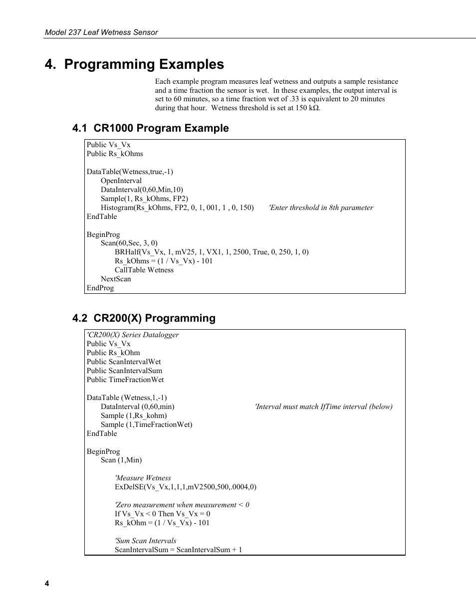 Programming examples, 1 cr1000 program example, 2 cr200(x) programming | Campbell Scientific 237-L Leaf Wetness Sensor User Manual | Page 8 / 14