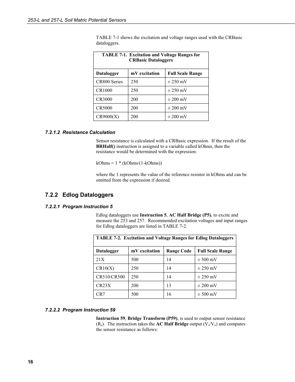 2 resistance calculation, 2 edlog dataloggers, 1 program instruction 5 | 2 program instruction 59, Resistance calculation, Edlog dataloggers, Program instruction 5, Program instruction 59 | Campbell Scientific 253-L and 257-L (Watermark 200) Soil Matric Potential Sensors User Manual | Page 22 / 36