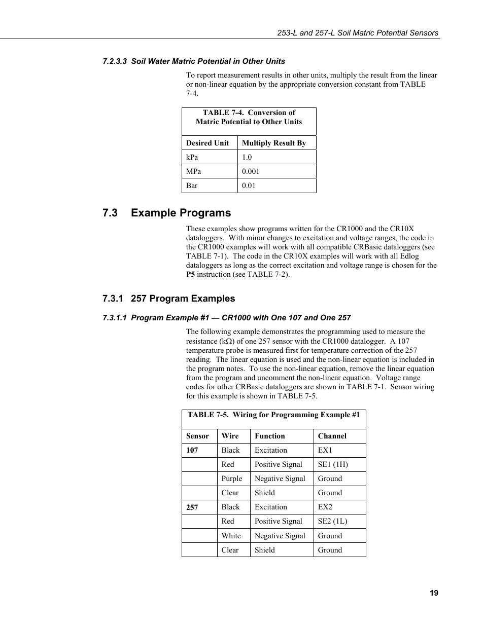 3 soil water matric potential in other units, 3 example programs, 1 257 program examples | Soil water matric potential in other units, Example programs, 257 program examples, Program example #1 — cr1000 with one 107 and, One 257, 4. conversion of matric potential to other units, 5. wiring for programming example #1 | Campbell Scientific 253-L and 257-L (Watermark 200) Soil Matric Potential Sensors User Manual | Page 25 / 36