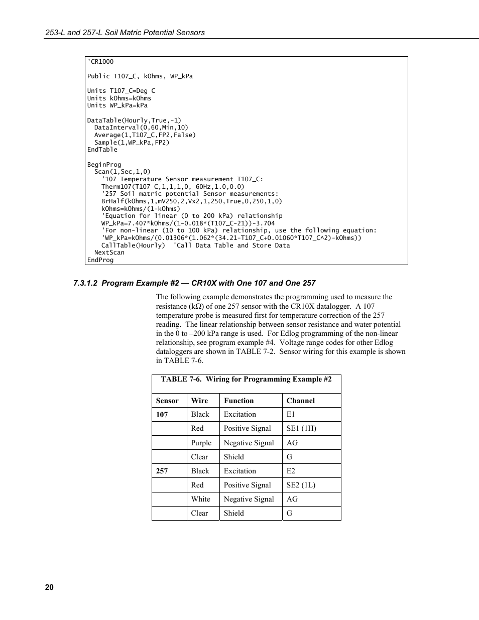 Program example #2 — cr10x with one 107 and, One 257, 6. wiring for programming example #2 | Campbell Scientific 253-L and 257-L (Watermark 200) Soil Matric Potential Sensors User Manual | Page 26 / 36
