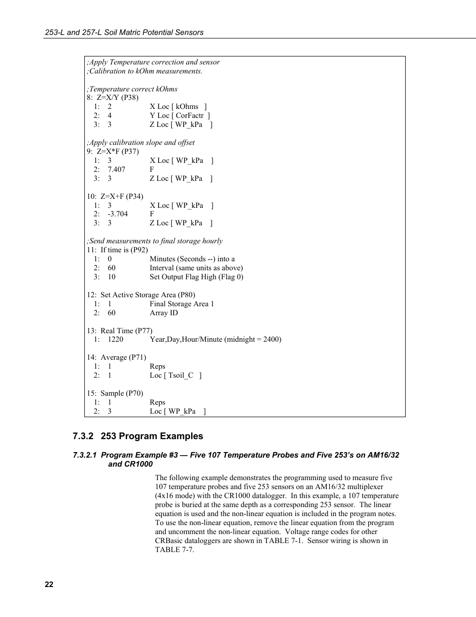 2 253 program examples, 253 program examples, Program example #3 — five 107 temperature probes | And five 253’s on am16/32 and cr1000 | Campbell Scientific 253-L and 257-L (Watermark 200) Soil Matric Potential Sensors User Manual | Page 28 / 36
