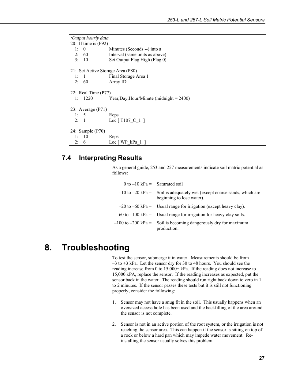 4 interpreting results, Troubleshooting, Interpreting results | Campbell Scientific 253-L and 257-L (Watermark 200) Soil Matric Potential Sensors User Manual | Page 33 / 36