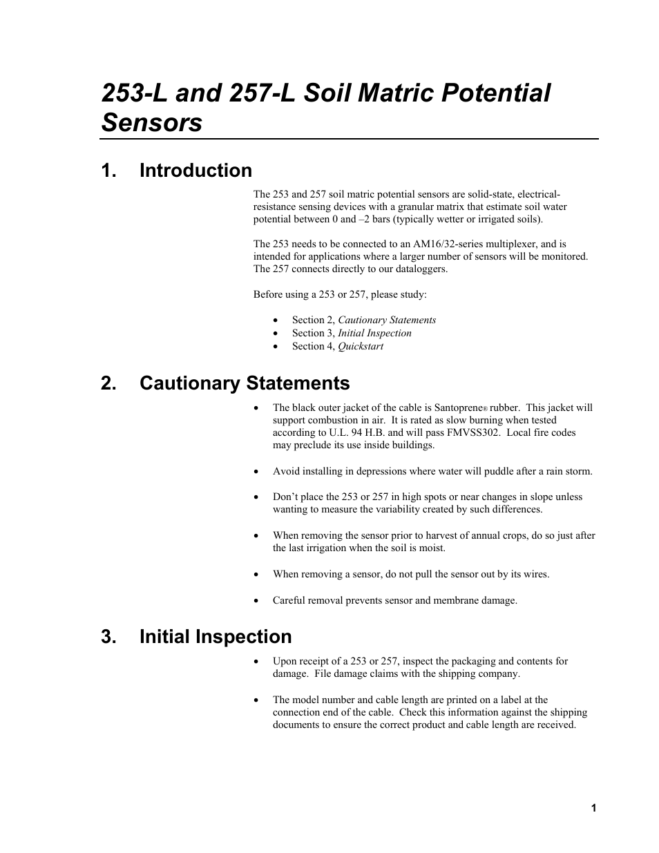 Introduction, Cautionary statements, Initial inspection | L and 257-l soil matric potential sensors | Campbell Scientific 253-L and 257-L (Watermark 200) Soil Matric Potential Sensors User Manual | Page 7 / 36