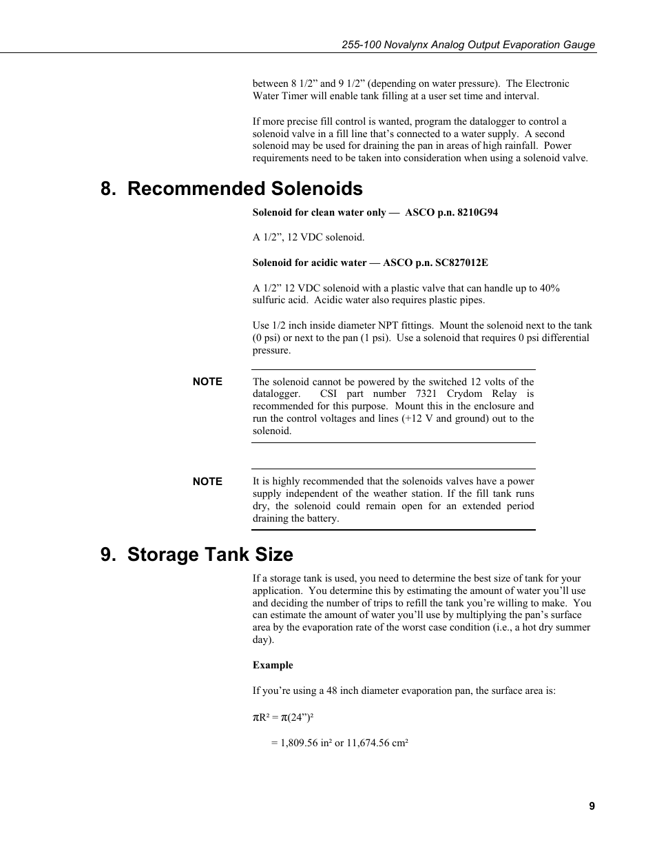 Recommended solenoids, Storage tank size | Campbell Scientific 255-100 Novalynx Analog Output Evaporation Gauge User Manual | Page 13 / 16