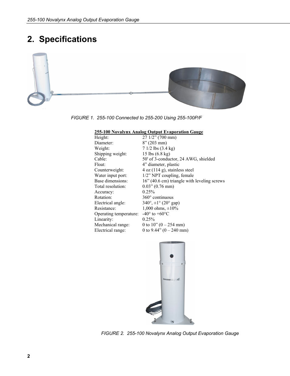 Specifications | Campbell Scientific 255-100 Novalynx Analog Output Evaporation Gauge User Manual | Page 6 / 16