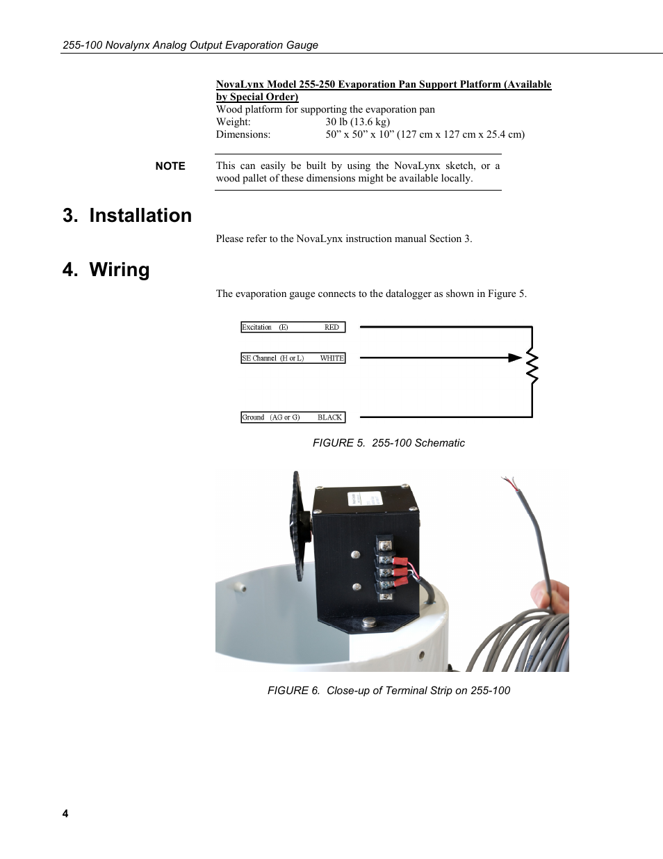 Installation, Wiring | Campbell Scientific 255-100 Novalynx Analog Output Evaporation Gauge User Manual | Page 8 / 16