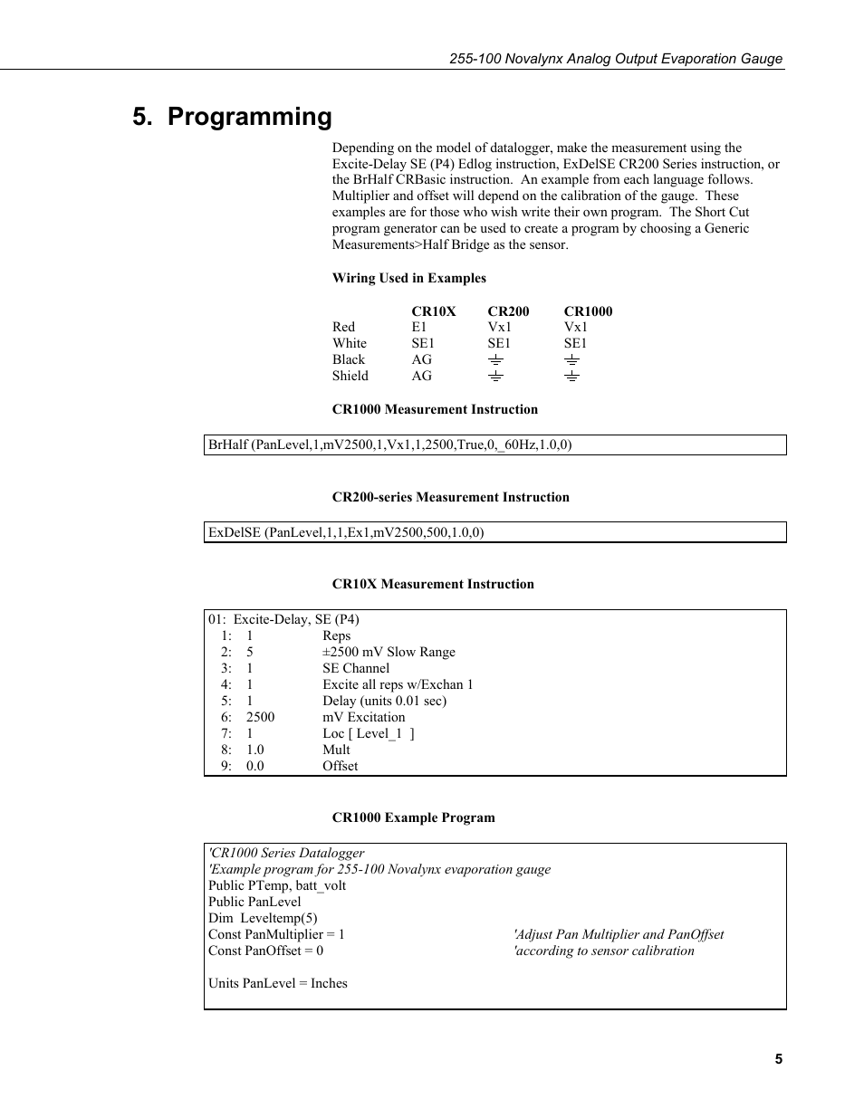 Programming | Campbell Scientific 255-100 Novalynx Analog Output Evaporation Gauge User Manual | Page 9 / 16