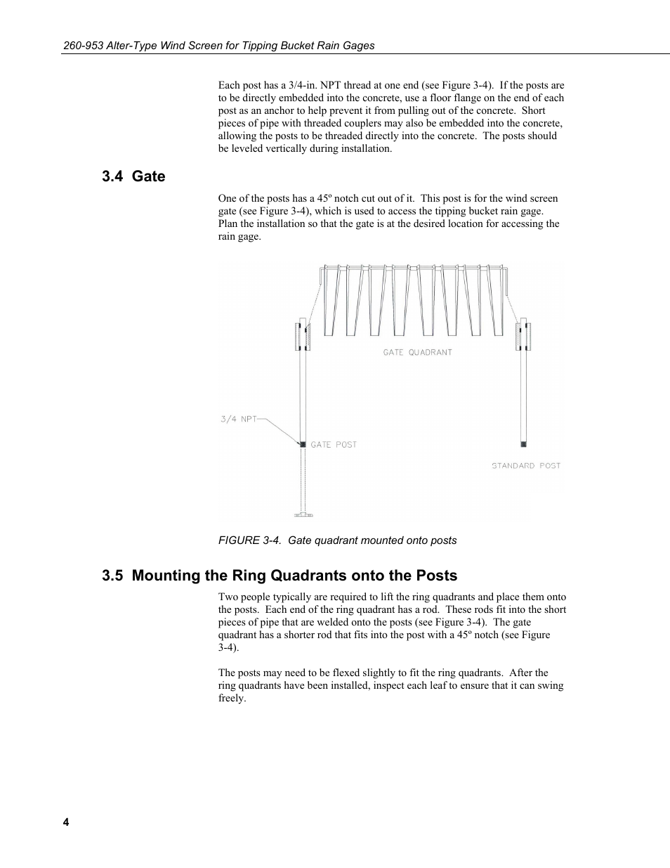 4 gate, 5 mounting the ring quadrants onto the posts | Campbell Scientific 260-953 Alter-Type Wind Screen for Tipping Bucket Rain Gages User Manual | Page 10 / 14
