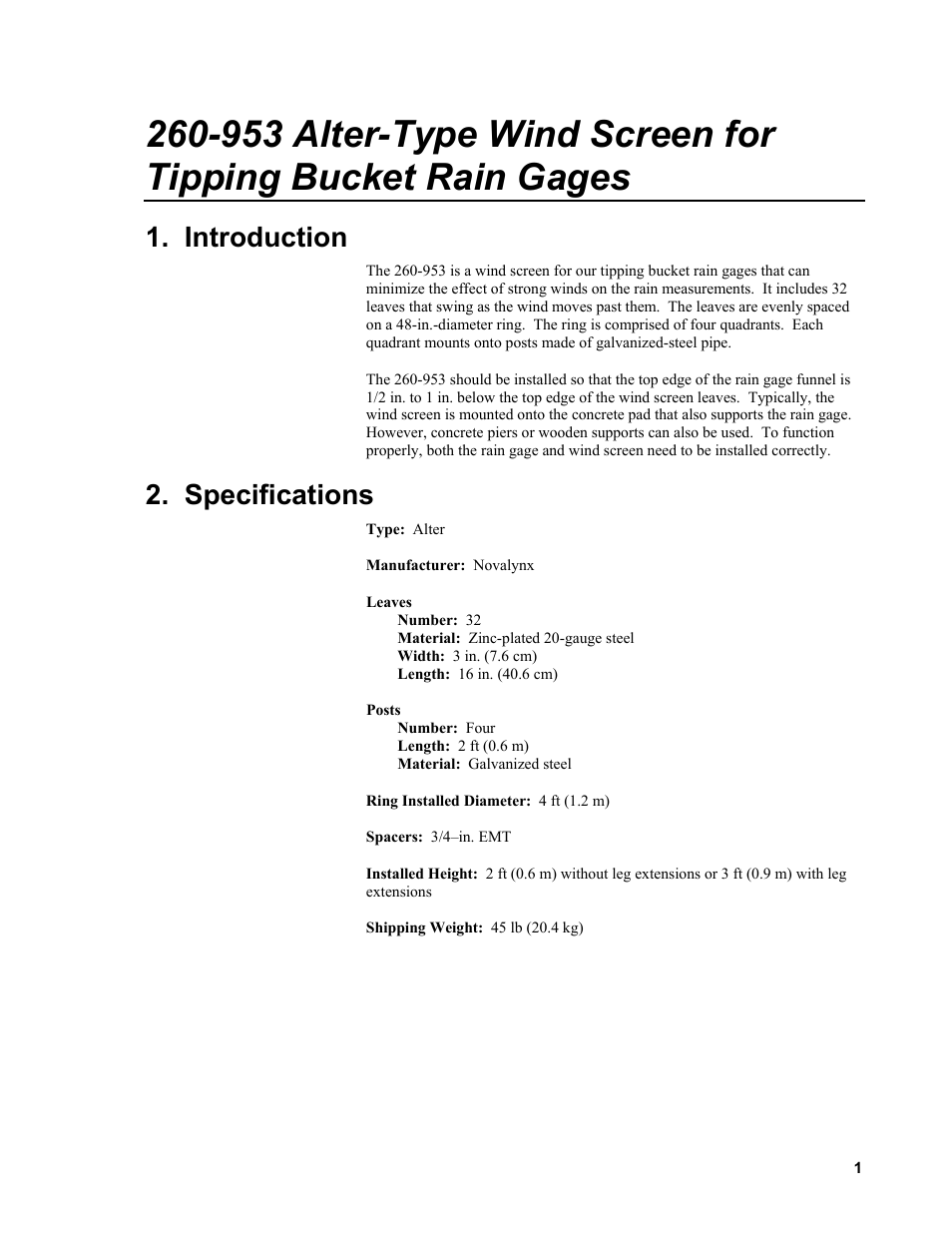 Introduction, Specifications | Campbell Scientific 260-953 Alter-Type Wind Screen for Tipping Bucket Rain Gages User Manual | Page 7 / 14