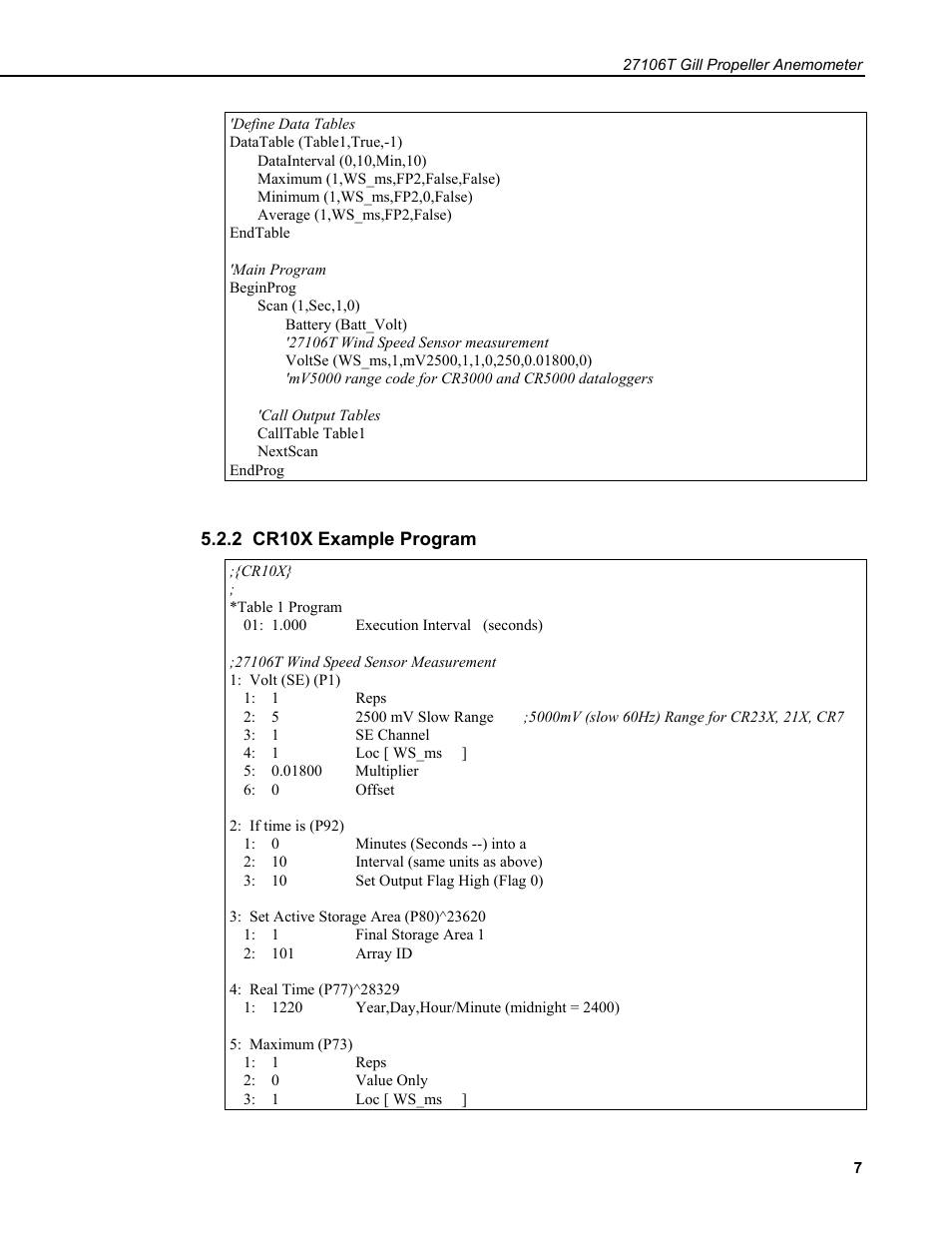 2 cr10x example program | Campbell Scientific 27106T Gill Propeller Anemometer User Manual | Page 11 / 18