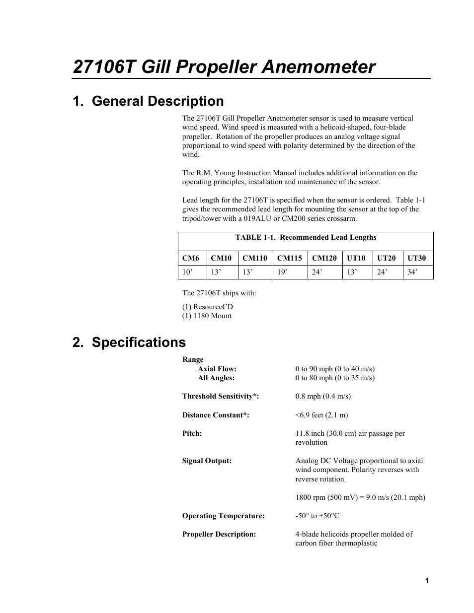 27106t gill propeller anemometer, General description, Specifications | Campbell Scientific 27106T Gill Propeller Anemometer User Manual | Page 5 / 18