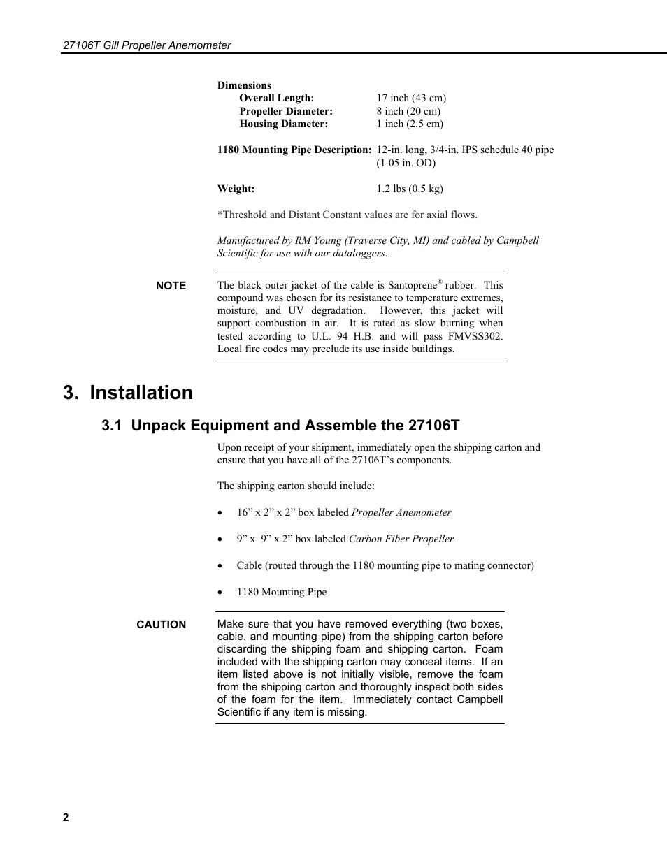 Installation, 1 unpack equipment and assemble the 27106t | Campbell Scientific 27106T Gill Propeller Anemometer User Manual | Page 6 / 18