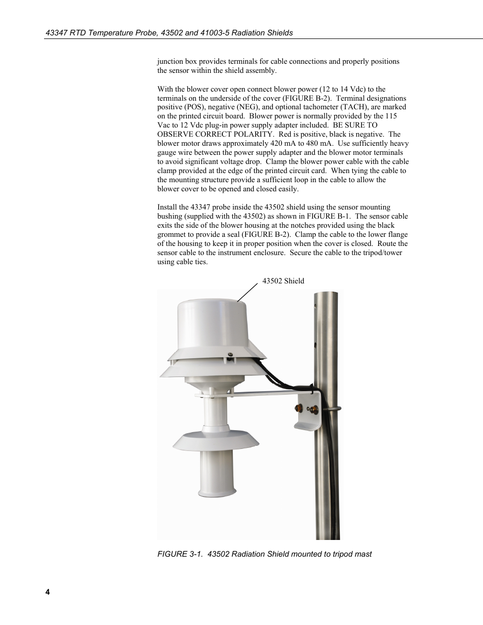 1. 43502 radiation shield mounted to tripod mast | Campbell Scientific 43347 RTD Temperature Probe and 43502 Aspirated Radiation Shield User Manual | Page 10 / 40