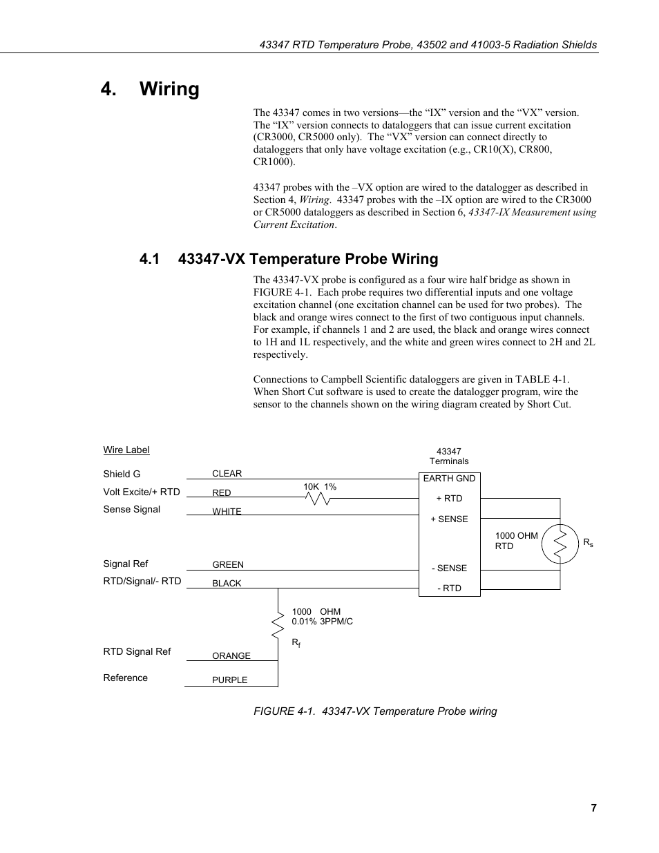 Wiring, 1 43347-vx temperature probe wiring, 43347-vx temperature probe wiring | 1. 43347-vx, Temperature probe wiring | Campbell Scientific 43347 RTD Temperature Probe and 43502 Aspirated Radiation Shield User Manual | Page 13 / 40