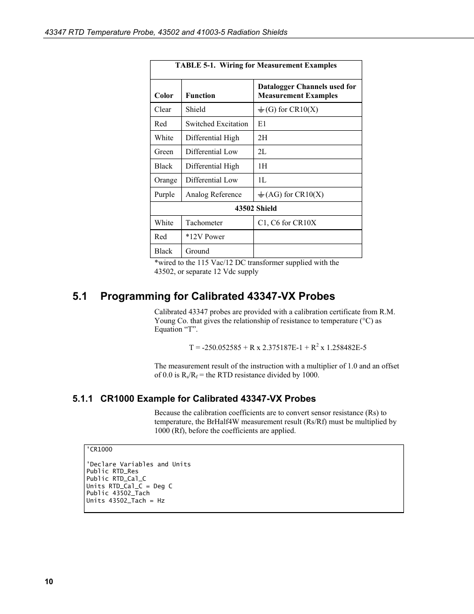 1 programming for calibrated 43347-vx probes, 1 cr1000 example for calibrated 43347-vx probes, Programming for calibrated 43347-vx probes | Cr1000 example for calibrated 43347-vx probes, 1. wiring, Measurement examples, Table 5-1 sho, Tion 5.1 | Campbell Scientific 43347 RTD Temperature Probe and 43502 Aspirated Radiation Shield User Manual | Page 16 / 40