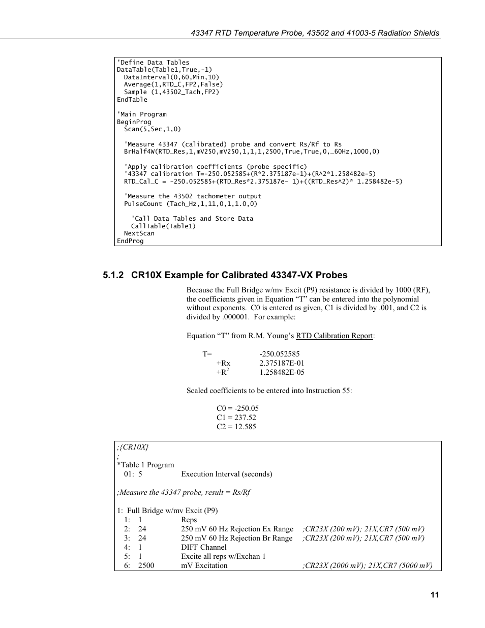 2 cr10x example for calibrated 43347-vx probes, Cr10x example for calibrated 43347-vx probes | Campbell Scientific 43347 RTD Temperature Probe and 43502 Aspirated Radiation Shield User Manual | Page 17 / 40