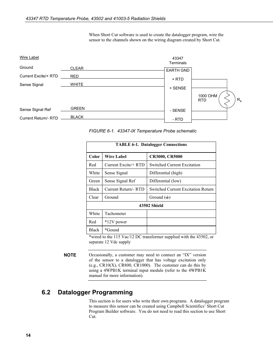 2 datalogger programming, Datalogger programming, 1. 43347-ix | Temperature probe schematic, 1. datalogger, Connections, Figure 6-1, Table 6-1 | Campbell Scientific 43347 RTD Temperature Probe and 43502 Aspirated Radiation Shield User Manual | Page 20 / 40