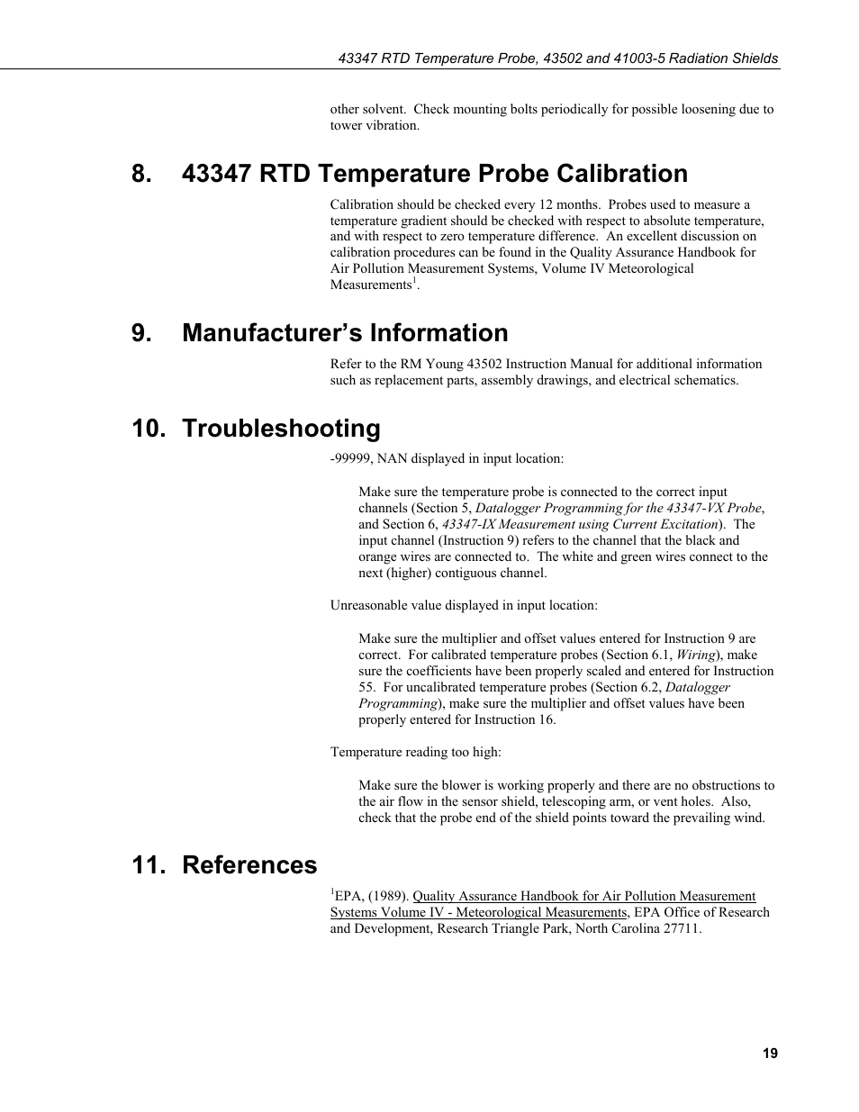 43347 rtd temperature probe calibration, Manufacturer’s information, Troubleshooting | References | Campbell Scientific 43347 RTD Temperature Probe and 43502 Aspirated Radiation Shield User Manual | Page 25 / 40