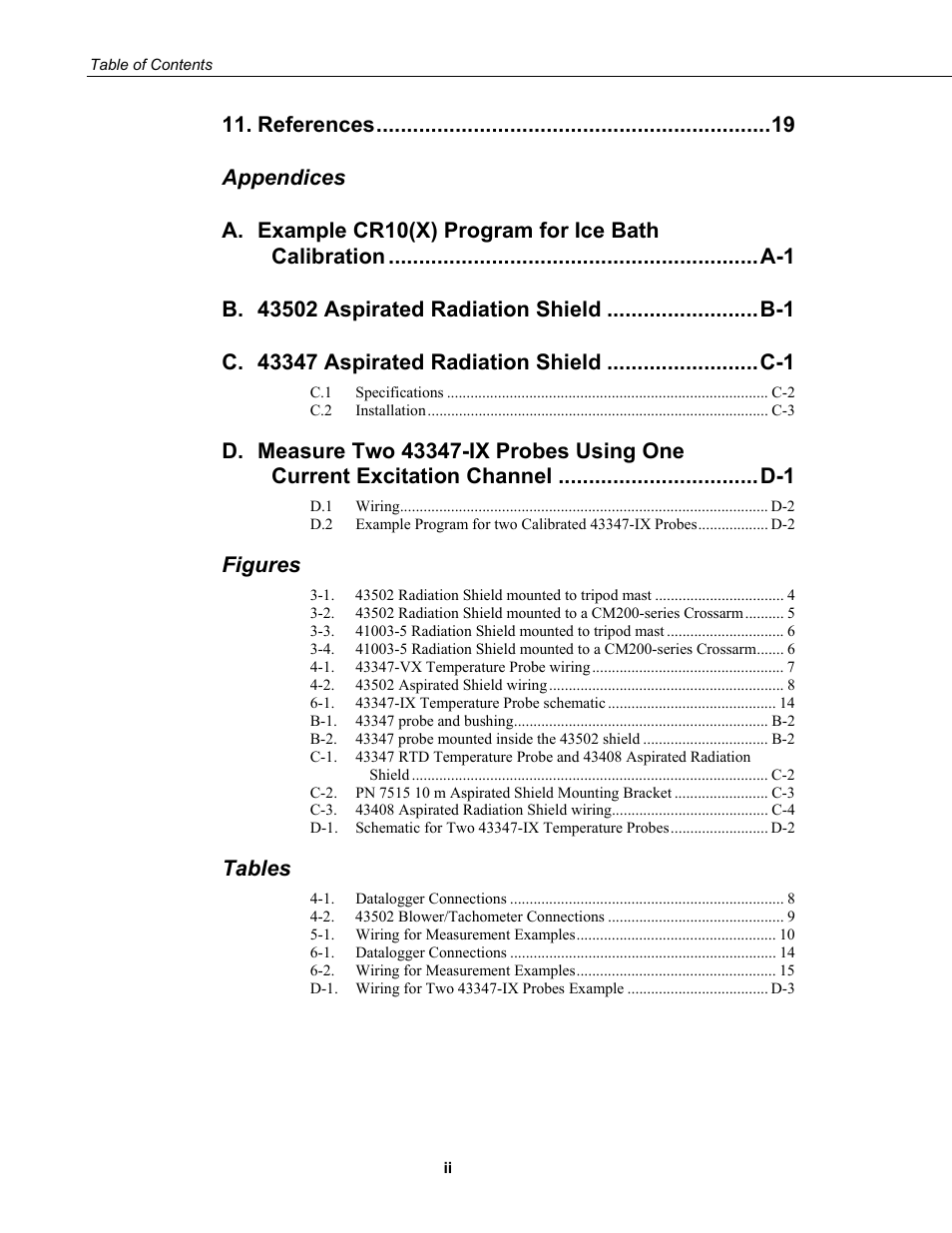 References, Appendices a, Figures | Tables | Campbell Scientific 43347 RTD Temperature Probe and 43502 Aspirated Radiation Shield User Manual | Page 6 / 40