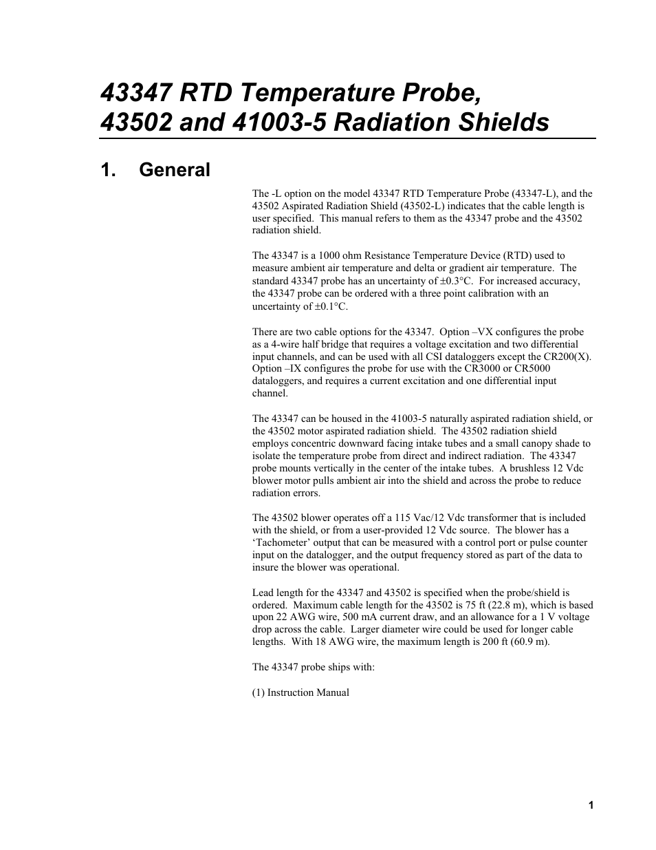 General | Campbell Scientific 43347 RTD Temperature Probe and 43502 Aspirated Radiation Shield User Manual | Page 7 / 40