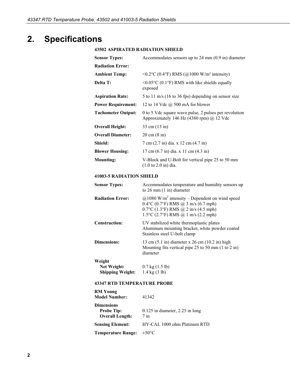 Specifications | Campbell Scientific 43347 RTD Temperature Probe and 43502 Aspirated Radiation Shield User Manual | Page 8 / 40