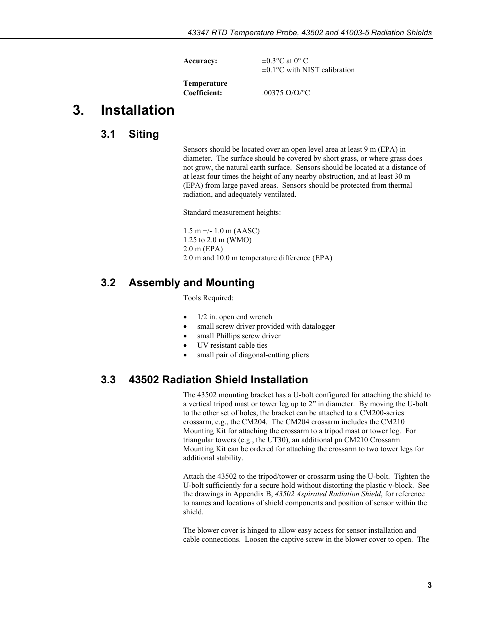 Installation, 1 siting, 2 assembly and mounting | 3 43502 radiation shield installation, Siting, Assembly and mounting, 43502 radiation shield installation | Campbell Scientific 43347 RTD Temperature Probe and 43502 Aspirated Radiation Shield User Manual | Page 9 / 40