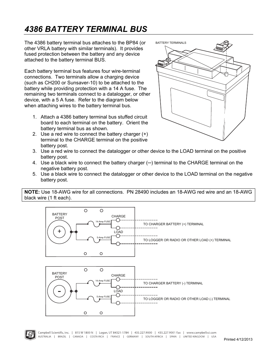 Campbell Scientific 4386 Battery Terminal Bus User Manual | 1 page