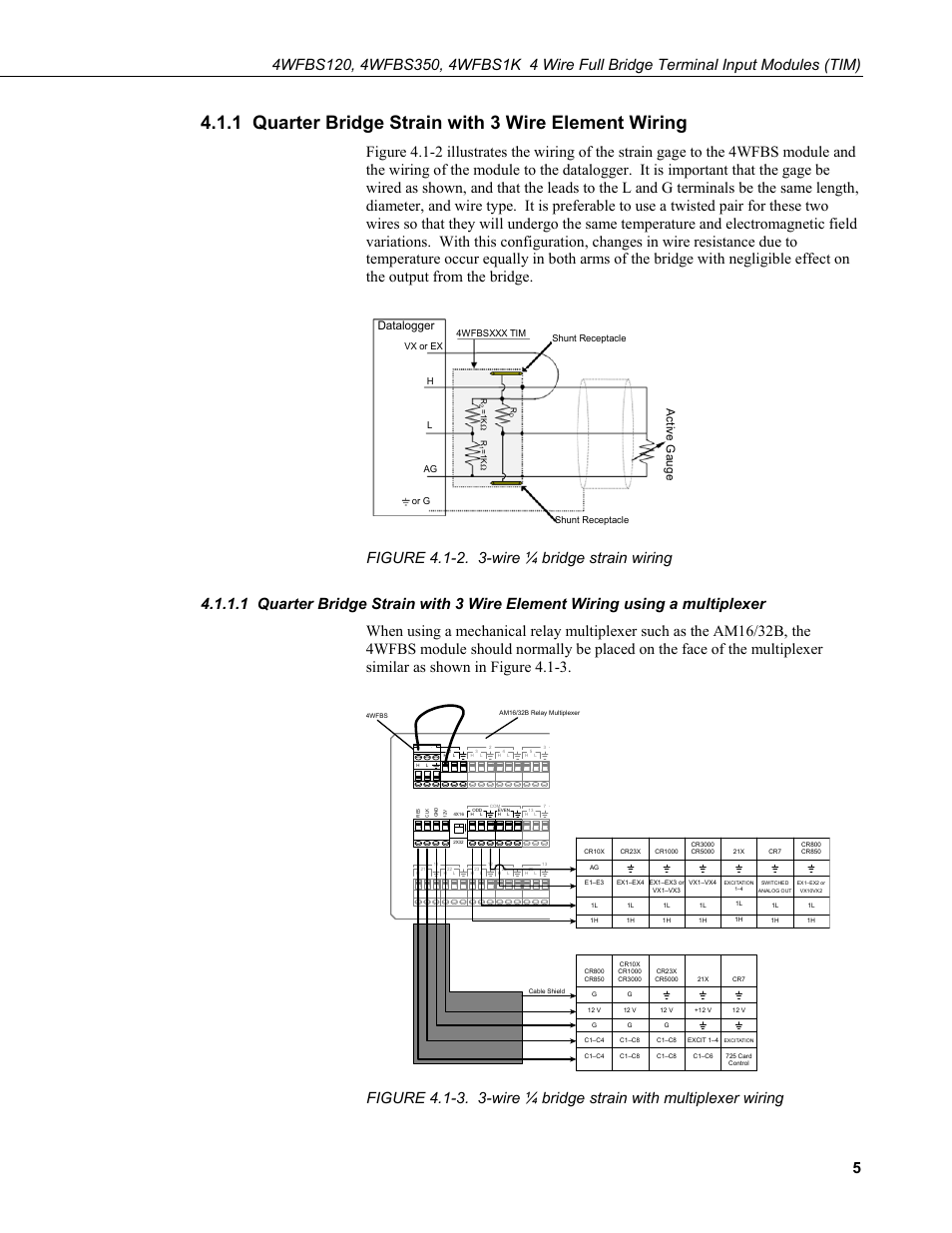 1 quarter bridge strain with 3 wire element wiring, No 1, Datalogger a cti ve g auge | Campbell Scientific 4WFBS120, 4WFBS350, 4WFBS1K 4 Wire Full Bridge Terminal Input Modules User Manual | Page 11 / 46