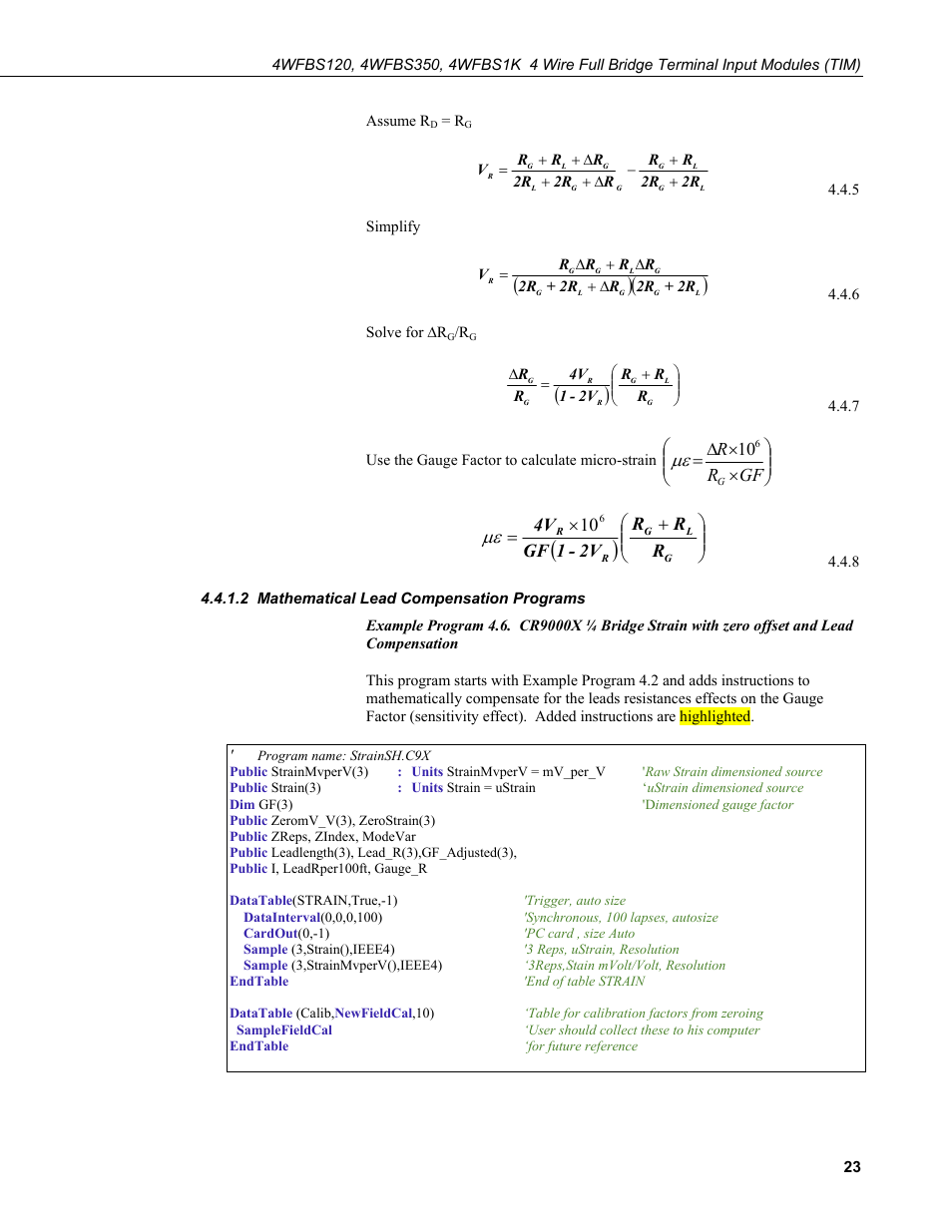 2 mathematical lead compensation programs, Ч ч δ = gf r r, R2v - 1 gf 4v | Campbell Scientific 4WFBS120, 4WFBS350, 4WFBS1K 4 Wire Full Bridge Terminal Input Modules User Manual | Page 29 / 46