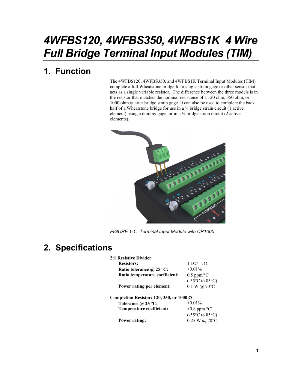 Function, Specifications | Campbell Scientific 4WFBS120, 4WFBS350, 4WFBS1K 4 Wire Full Bridge Terminal Input Modules User Manual | Page 7 / 46