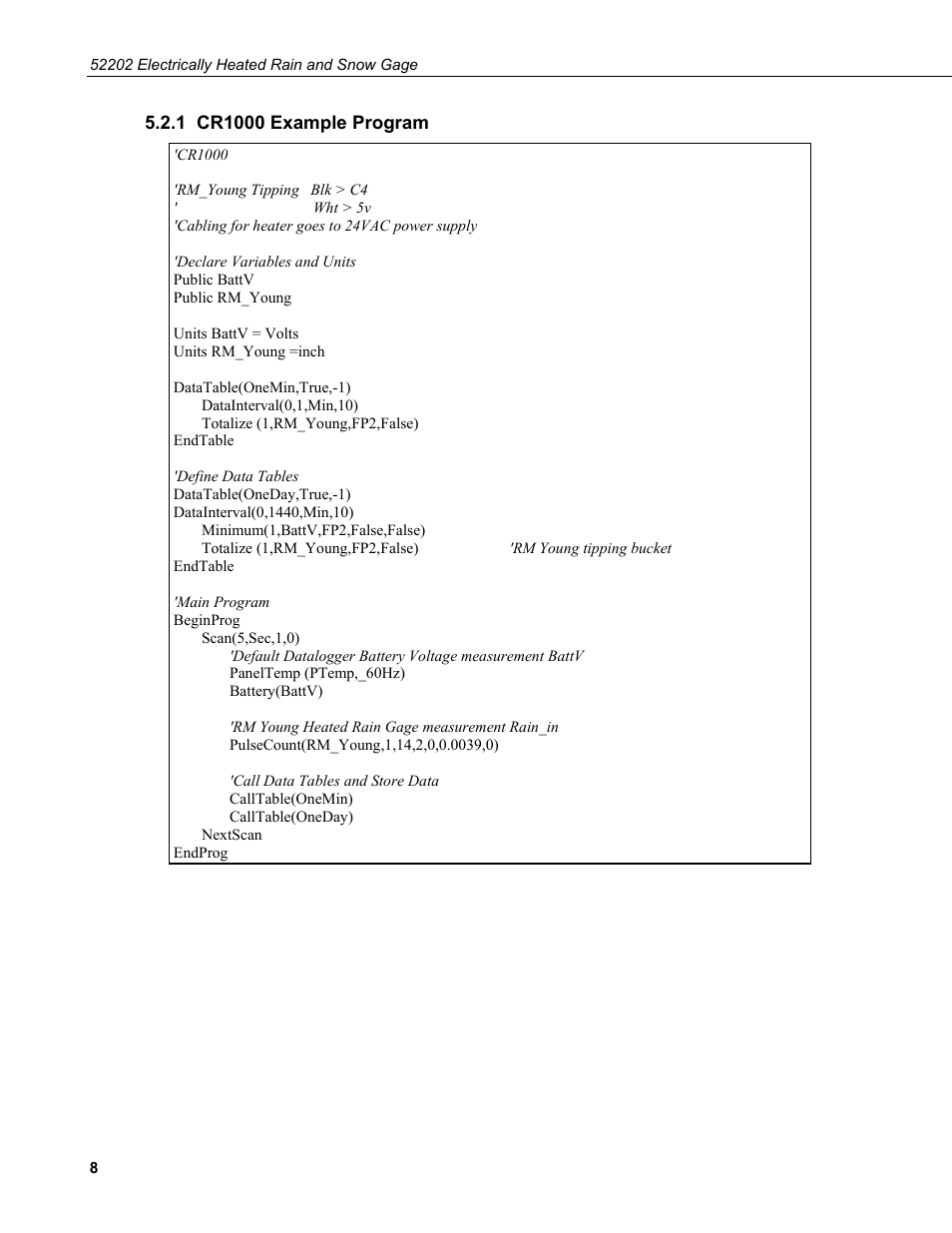 1 cr1000 example program | Campbell Scientific 52202 Electrically Heated Rain and Snow Gage User Manual | Page 12 / 16