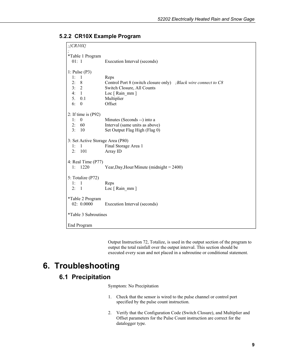 2 cr10x example program, Troubleshooting, 1 precipitation | Campbell Scientific 52202 Electrically Heated Rain and Snow Gage User Manual | Page 13 / 16