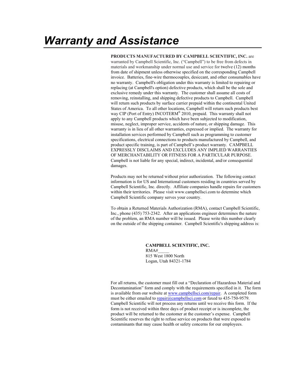 Warranty and assistance | Campbell Scientific 52202 Electrically Heated Rain and Snow Gage User Manual | Page 2 / 16
