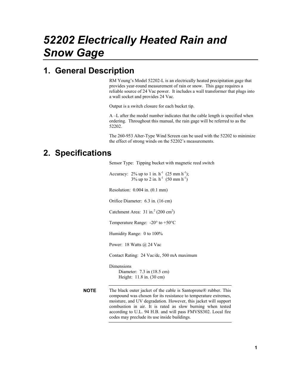 52202 electrically heated rain and snow gage, General description, Specifications | Campbell Scientific 52202 Electrically Heated Rain and Snow Gage User Manual | Page 5 / 16