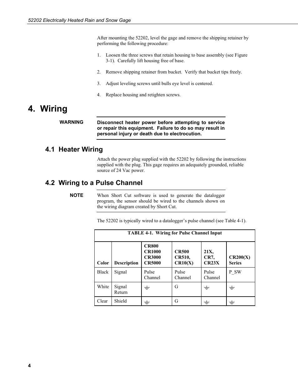 Wiring, 1 heater wiring, 2 wiring to a pulse channel | Campbell Scientific 52202 Electrically Heated Rain and Snow Gage User Manual | Page 8 / 16