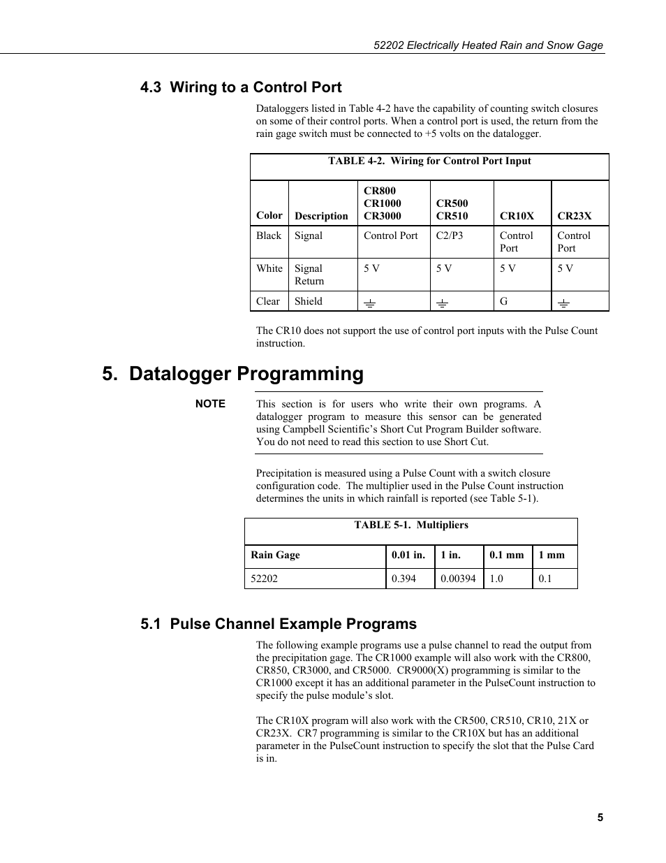 3 wiring to a control port, Datalogger programming, 1 pulse channel example programs | Campbell Scientific 52202 Electrically Heated Rain and Snow Gage User Manual | Page 9 / 16