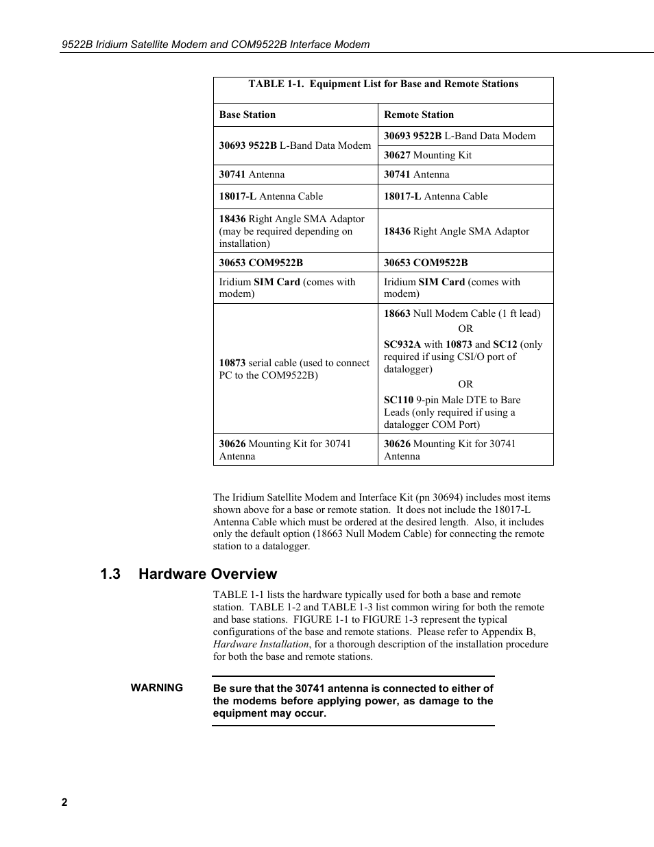 3 hardware overview, Hardware overview, 1. equipment list for base and remote stations | Campbell Scientific 9522B Iridium Satellite Modem and COM9522B Interface Modem User Manual | Page 10 / 46