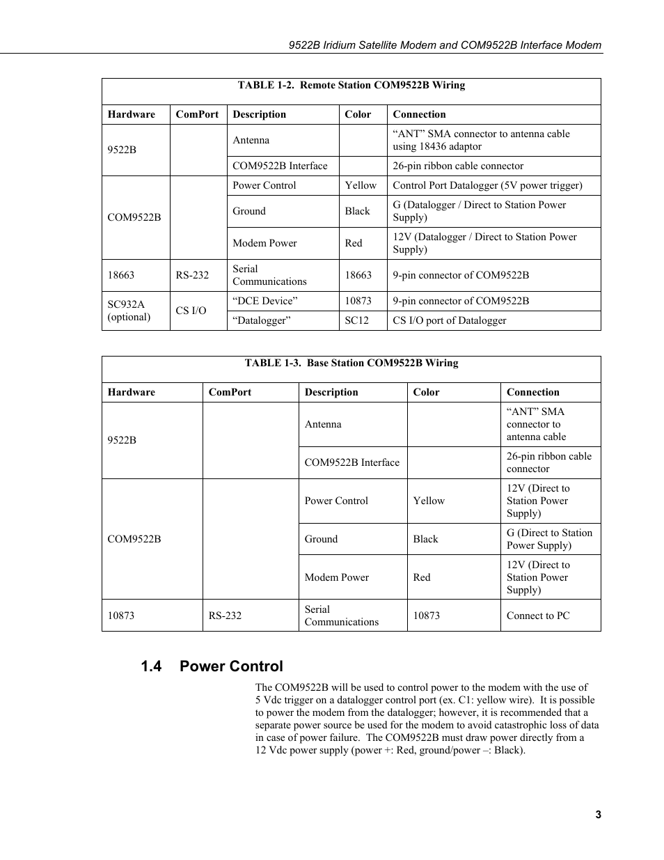 4 power control, Power control, 2. remote station com9522b wiring | 3. base station com9522b wiring, Table 1-2, Table 1-3 | Campbell Scientific 9522B Iridium Satellite Modem and COM9522B Interface Modem User Manual | Page 11 / 46