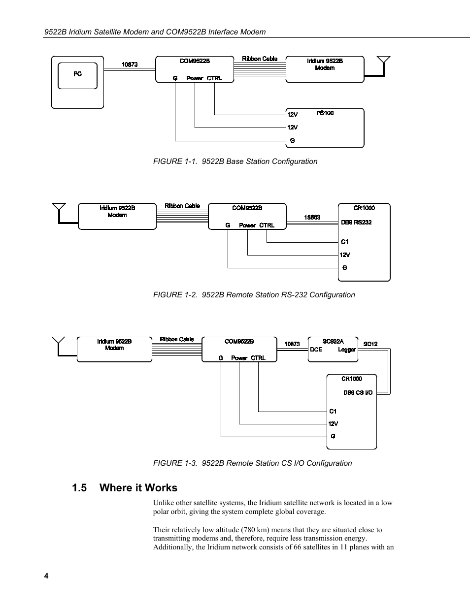 5 where it works, Where it works, 1. 9522b base station configuration | 2. 9522b remote station rs-232 configuration, 3. 9522b remote station cs i/o configuration, Figure 1-1, O figure 1-3 | Campbell Scientific 9522B Iridium Satellite Modem and COM9522B Interface Modem User Manual | Page 12 / 46