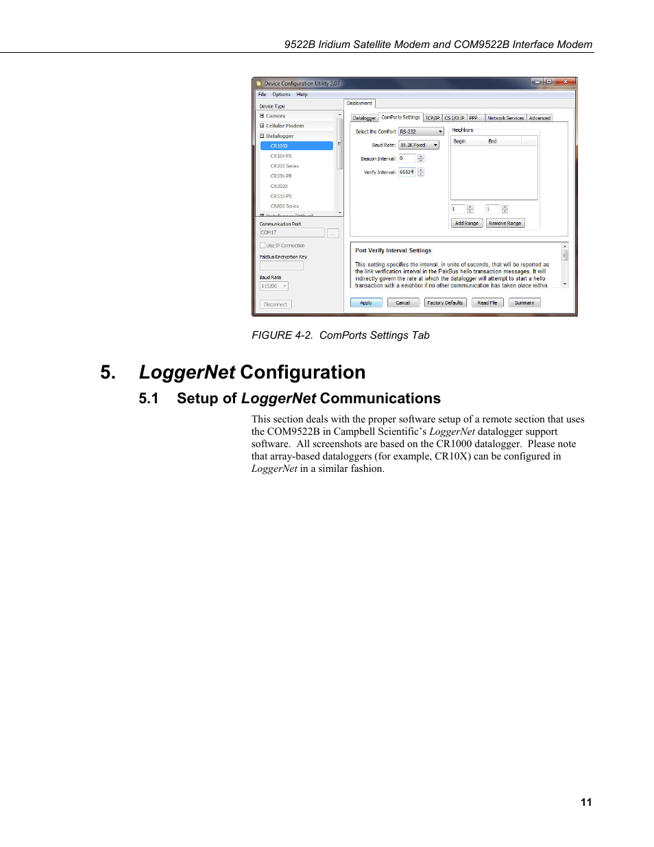 Loggernet configuration, 1 setup of loggernet communications, Setup of loggernet communications | 2. comports settings tab | Campbell Scientific 9522B Iridium Satellite Modem and COM9522B Interface Modem User Manual | Page 19 / 46