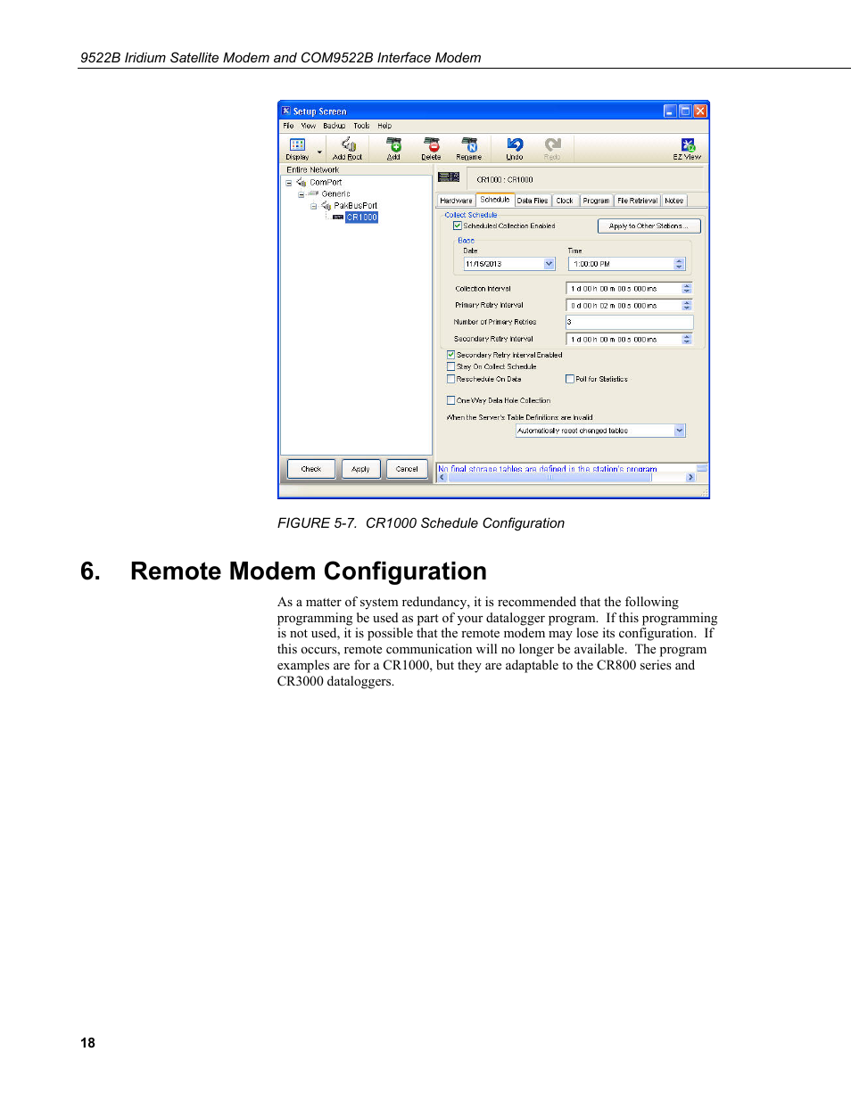 Remote modem configuration, 7. cr1000 schedule configuration | Campbell Scientific 9522B Iridium Satellite Modem and COM9522B Interface Modem User Manual | Page 26 / 46