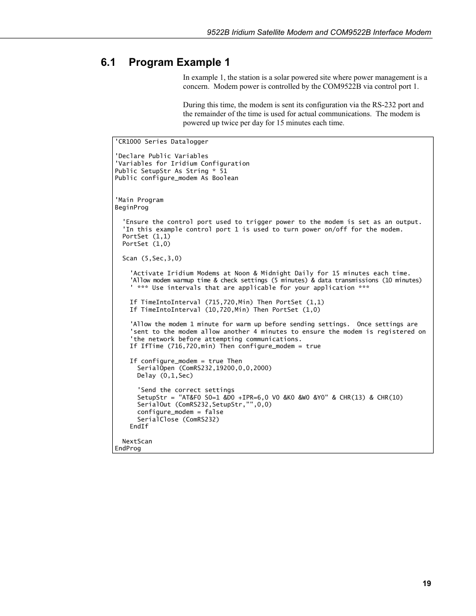 1 program example 1, Program example 1 | Campbell Scientific 9522B Iridium Satellite Modem and COM9522B Interface Modem User Manual | Page 27 / 46